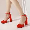 imageAnkis Black Platform Closed Toe Heels for Women Womens Heels Closed Round Toe Chunky Block Pumps Shoes 4 InchRed Satin