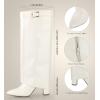 imageAnkis Fold Over Knee High Boots for Women Chunky Heels Pointed toe with Side Zipper Long Tall BootsWhite Pu