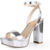 imageAnkis Platform Heels for Women 4 Inches Chunky Heels Sandals for Women Comfy Open Toe Block Heeled Sandals Nude White Silver Gold Black Ankle Strappy HeelsSilver Pu