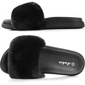 imageAnkis Black Fur SlidesCute Chic Versatile Pretty Soft Platform Slides Open Toe Nonslip Womens House Fluffy Slippers Fuzzy Slippers for Women Indoor Outdoor All Seasons