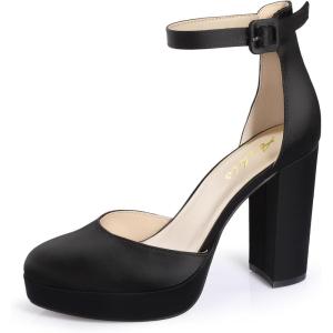 imageAnkis Black Platform Closed Toe Heels for Women Womens Heels Closed Round Toe Chunky Block Pumps Shoes 4 InchBlack Satin