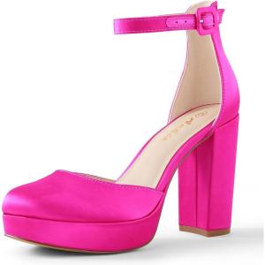 imageAnkis Black Platform Closed Toe Heels for Women Womens Heels Closed Round Toe Chunky Block Pumps Shoes 4 InchHot Pink Satin