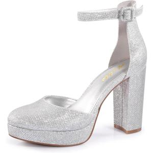 imageAnkis Black Platform Closed Toe Heels for Women Womens Heels Closed Round Toe Chunky Block Pumps Shoes 4 InchSilver Glitter