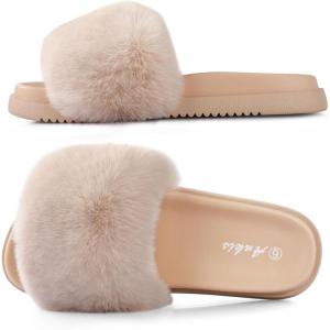 imageAnkis Camel Fur SlidesCute Chic Versatile Pretty Soft Platform Slides Open Toe Nonslip Womens House Fluffy Slippers Fuzzy Slippers for Women Indoor Outdoor All Seasons