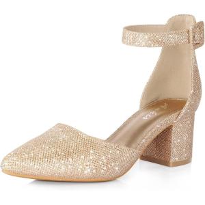 imageAnkis Closed Toe Heels for Women Black Nude Gold Silver Pointed Toe Heels Low Block Chunky Women Pumps with Ankle Strap 225 InchGold Glitter