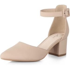 imageAnkis Closed Toe Heels for Women Black Nude Gold Silver Pointed Toe Heels Low Block Chunky Women Pumps with Ankle Strap 225 InchNude Nubuck