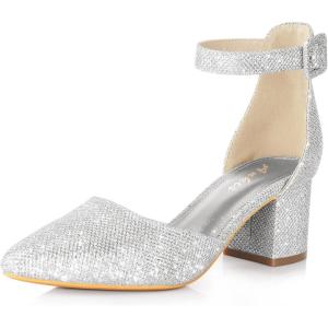 imageAnkis Closed Toe Heels for Women Black Nude Gold Silver Pointed Toe Heels Low Block Chunky Women Pumps with Ankle Strap 225 InchSilver Glitter