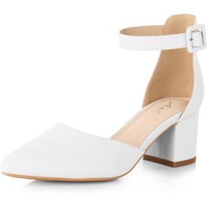 imageAnkis Closed Toe Heels for Women Black Nude Gold Silver Pointed Toe Heels Low Block Chunky Women Pumps with Ankle Strap 225 InchWhite Pu