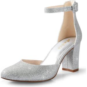 imageAnkis Closed Toe Heels for Women Black Nude White Silver Gold Womens Heels Closed Round Toe Chunky Block Pumps Shoes 3 InchSilver Glitter