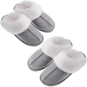 imageAnkis Fuzzy Slippers for Women  2 Pack Memory Foam Fluffy Fur Soft Comfy House Slippers Warm Flats Bedroom Shoes on AntiSkid Sole Indoor Outdoor Winter Dark Grey Valentines Day Gift