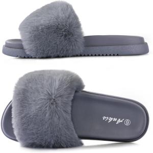 imageAnkis Grey Fur SlidesCute Chic Versatile Pretty Soft Platform Slides Open Toe Nonslip Womens House Fluffy Slippers Fuzzy Slippers for Women Indoor Outdoor All Seasons