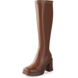 imageAnkis Knee High Boots Platform Boots for Women Chunky Heel Side Zipper Long GOGO BootsBrown