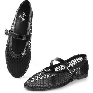 imageAnkis Mesh Ballet Flats for Women Black Mesh Flats Buckle Strap Mary Jane Ballerina Flats Womens Fishnet Flat Sandals Shoes for Dressy SummerBlack