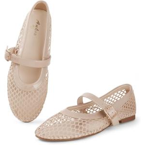 imageAnkis Mesh Ballet Flats for Women Black Mesh Flats Buckle Strap Mary Jane Ballerina Flats Womens Fishnet Flat Sandals Shoes for Dressy SummerNude