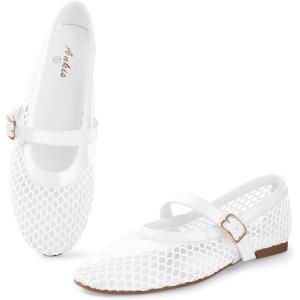 imageAnkis Mesh Ballet Flats for Women Black Mesh Flats Buckle Strap Mary Jane Ballerina Flats Womens Fishnet Flat Sandals Shoes for Dressy SummerWhite