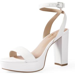 imageAnkis Platform Heels for Women 4 Inches Chunky Heels Sandals for Women Comfy Open Toe Block Heeled Sandals Nude White Silver Gold Black Ankle Strappy HeelsC White Pu