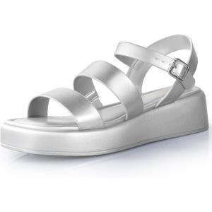 imageAnkis Platform Sandals Two Bands Open Toe Heeled Sandals with Adjustable Ankle Strap Comfortable and Lightweight Wedge Shoes in SummerSilver Pu