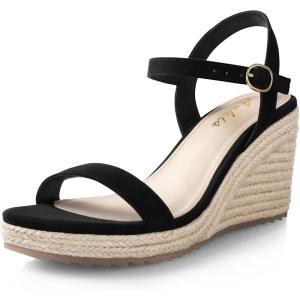 imageAnkis Platform Wedge Sandals for Women Black Brown White Nude Espadrille Womens Wedge Sandals Comfortable Open Toe Ankle Strap High Heel Wedges for Women Dressy Summer 34InchBlack Suede