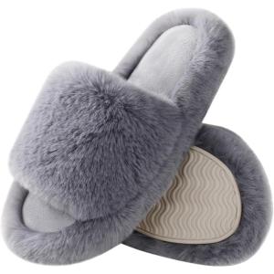 imageAnkis Women Grey Fuzzy Fluffy Slippers Soft Cozy Plush Memory Foam Slipper Open Toe Bedroom Comfy Platform Slippers for Womens