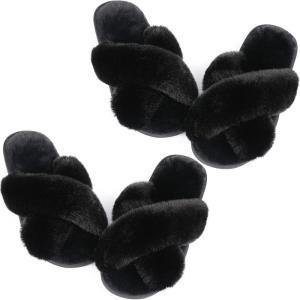 imageAnkis Womens Fuzzy Cozy Soft Slippers  2 Pairs Cross Band Open Toe Nonslip IndoorOutdoor SlippersBlack