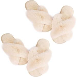 imageAnkis Womens Fuzzy Cozy Soft Slippers  2 Pairs Cross Band Open Toe Nonslip IndoorOutdoor SlippersCamel