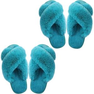 imageAnkis Womens Fuzzy Cozy Soft Slippers  2 Pairs Cross Band Open Toe Nonslip IndoorOutdoor SlippersGreen