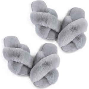 imageAnkis Womens Fuzzy Cozy Soft Slippers  2 Pairs Cross Band Open Toe Nonslip IndoorOutdoor SlippersGrey