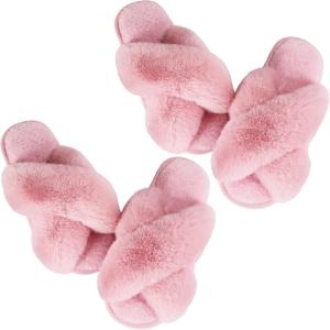 imageAnkis Womens Fuzzy Cozy Soft Slippers  2 Pairs Cross Band Open Toe Nonslip IndoorOutdoor SlippersPink