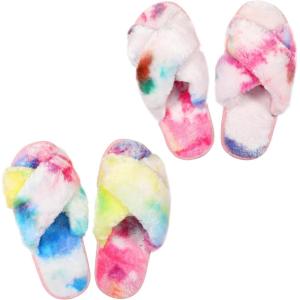 imageAnkis Womens Fuzzy Cozy Soft Slippers  2 Pairs Cross Band Open Toe Nonslip IndoorOutdoor SlippersRainbow