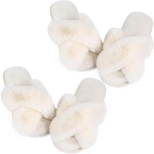 imageAnkis Womens Fuzzy Cozy Soft Slippers  2 Pairs Cross Band Open Toe Nonslip IndoorOutdoor SlippersWhite