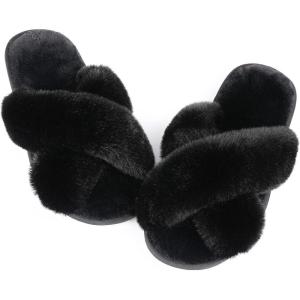 imageAnkis Womens Fuzzy Memory Foam Slippers Cross Band Cozy Plush Home Slippers Fluffy Furry Open Toe House Shoes Indoor Outdoor Slide SlipperBlack