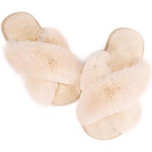 imageAnkis Womens Fuzzy Memory Foam Slippers Cross Band Cozy Plush Home Slippers Fluffy Furry Open Toe House Shoes Indoor Outdoor Slide SlipperCamel
