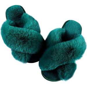 imageAnkis Womens Fuzzy Memory Foam Slippers Cross Band Cozy Plush Home Slippers Fluffy Furry Open Toe House Shoes Indoor Outdoor Slide SlipperDark Green