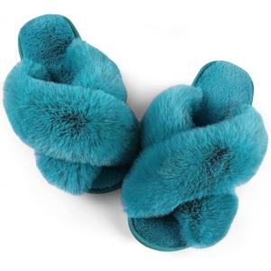 imageAnkis Womens Fuzzy Memory Foam Slippers Cross Band Cozy Plush Home Slippers Fluffy Furry Open Toe House Shoes Indoor Outdoor Slide SlipperGreen