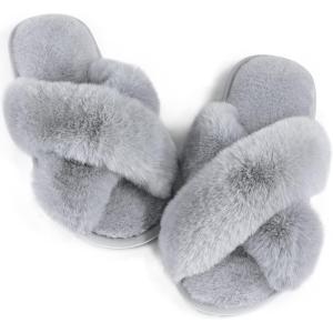 imageAnkis Womens Fuzzy Memory Foam Slippers Cross Band Cozy Plush Home Slippers Fluffy Furry Open Toe House Shoes Indoor Outdoor Slide SlipperGrey