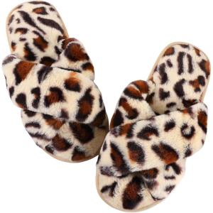 imageAnkis Womens Fuzzy Memory Foam Slippers Cross Band Cozy Plush Home Slippers Fluffy Furry Open Toe House Shoes Indoor Outdoor Slide SlipperLeopard