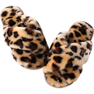 imageAnkis Womens Fuzzy Memory Foam Slippers Cross Band Cozy Plush Home Slippers Fluffy Furry Open Toe House Shoes Indoor Outdoor Slide SlipperLeopard Brown