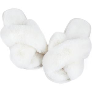 imageAnkis Womens Fuzzy Memory Foam Slippers Cross Band Cozy Plush Home Slippers Fluffy Furry Open Toe House Shoes Indoor Outdoor Slide SlipperOffwhite