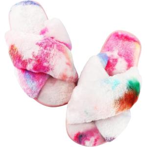 imageAnkis Womens Fuzzy Memory Foam Slippers Cross Band Cozy Plush Home Slippers Fluffy Furry Open Toe House Shoes Indoor Outdoor Slide SlipperRainbow