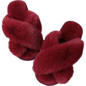 imageAnkis Womens Fuzzy Memory Foam Slippers Cross Band Cozy Plush Home Slippers Fluffy Furry Open Toe House Shoes Indoor Outdoor Slide SlipperRed