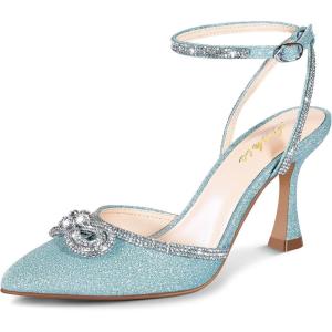 imageAnkis Womens Rhinestone Bow Heels Closed Toe Pumps Strappy Heels for WomenBlue Glitter