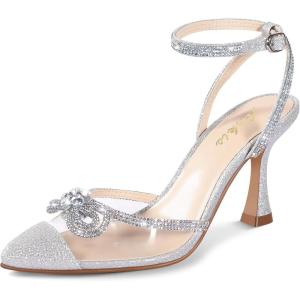 imageAnkis Womens Rhinestone Bow Heels Closed Toe Pumps Strappy Heels for WomenClear Silver