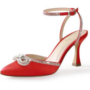 imageAnkis Womens Rhinestone Bow Heels Closed Toe Pumps Strappy Heels for WomenRed Stain