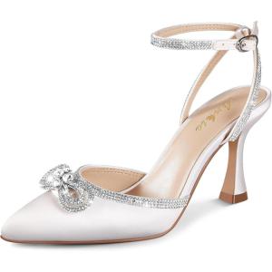 imageAnkis Womens Rhinestone Bow Heels Closed Toe Pumps Strappy Heels for WomenWhite Satin