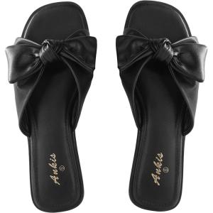 imageWomens White Black Flat Sandals for Women Dressy Comfortable Summer Beach Sandals for Women 2025 Cute Bow Square Open Toe Slip On Slide Sandals Bridal Wedding ShoesBlack