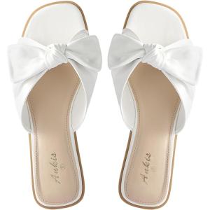 imageWomens White Black Flat Sandals for Women Dressy Comfortable Summer Beach Sandals for Women 2025 Cute Bow Square Open Toe Slip On Slide Sandals Bridal Wedding ShoesWhite