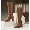 imageAnkis Knee High Boots for Women Squared Toe Chunky High Heel with Side Zipper Long BootsBrown Pu