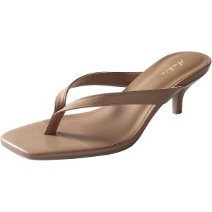 imageAnkis Kitten Heels for Women Black Brown Square Toe Flip Flop Heels 2 Inch Low Heeled Thong Summer SandalsBrown Pu