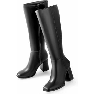 imageAnkis Knee High Boots for Women Squared Toe Chunky High Heel with Side Zipper Long BootsBlack Pu