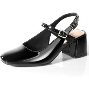 imageAnkis Mary Jane Chunky Low Heels Dress Shoes for Women Slingback Square Closed Toe Heels Wedding Party PumpsBlack Patent